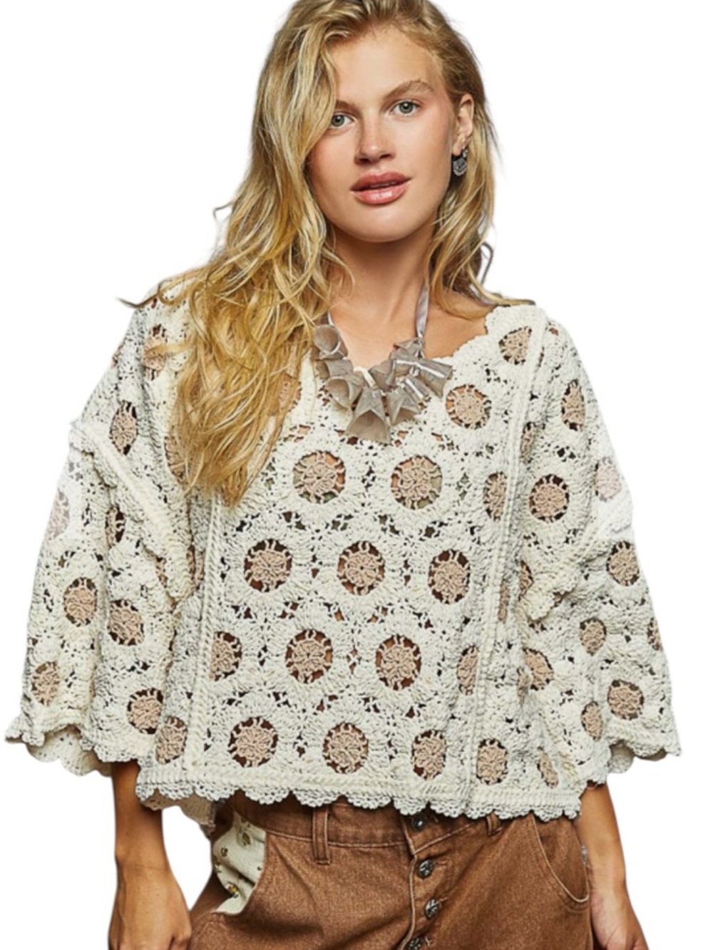 703:  POL NEW CROCHET TOP CREAM LATTE (H25)